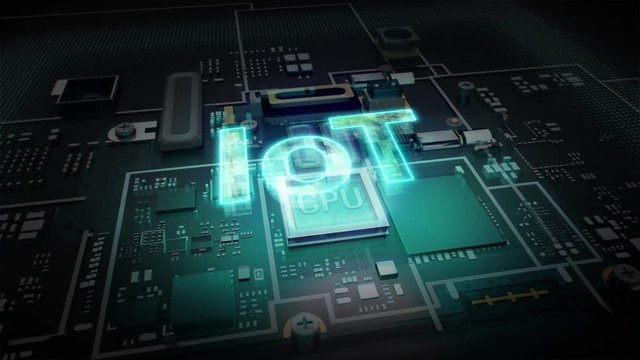 Hologram typo 'IOT' on CPU chip circuit, grow artificial intelligence technology.