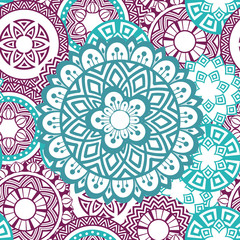Flower Mandala seamless pattern background. Oriental pattern, vintage decorative elements. Islam, Arabic, Indian, moroccan, turkish, ottoman motifs. Blue, white and purple colors. Vector illustration