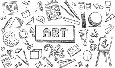 Black and white fine art stationary doodle and tool model icon in isolated background. Art subject doodle used for school education or document decoration with subject header text, create by vector