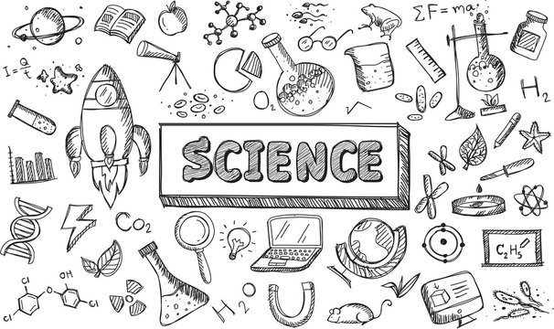 Black and white sketch science chemistry physics biology and astronomy education subject doodle icon. Doodle for presentation or school education promotion in fundamental science concept (vector)