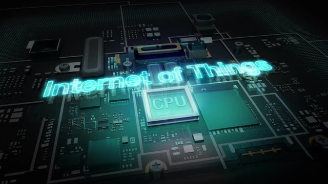 Hologram typo 'INTERNET OF THINGS' on CPU chip circuit, grow artificial intelligence technology.