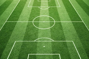 Foto auf Acrylglas Fußball Fußballspielfeld-Bodenlinien auf sonnigem Grasmusterhintergrund. Torseitige Perspektive verwendet.