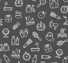 Beauty and health, background a dark gray, seamless, line drawing, vector.  Care for body and face. White contour drawings on a dark gray field. Seamless vector background.  