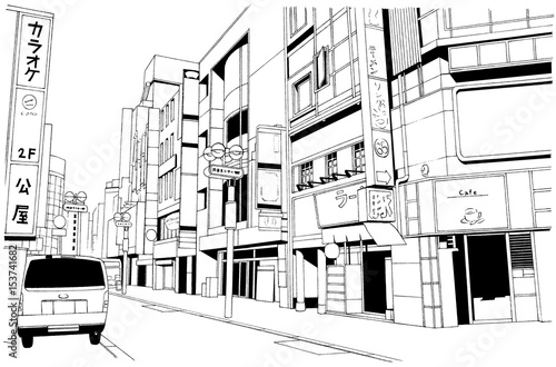 漫画風ペン画イラスト 繁華街 Wall Mural Wallpaper Murals Haikeisouko