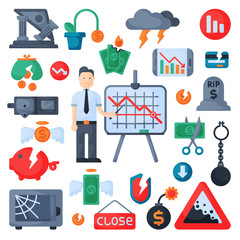 Crisis symbols concept problem economy banking business finance design investment icons set vector.