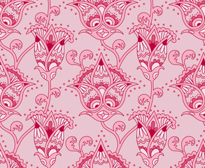 Vintage floral seamless pattern. Ethnic ornament. Stylized decorative flowers in folk style. Traditional handcraft. Seamless texture in pink colors. Vector illustration.