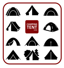 Set of monochrome silhouette camping tent icons. Collection of black stylized simplified symbols isolated on white background.  Vector illustration. 