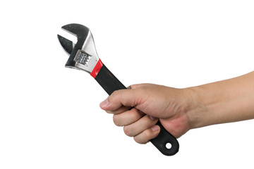 Man hand holding adjustable wrench