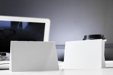 Office leather desk table with computer, supplies