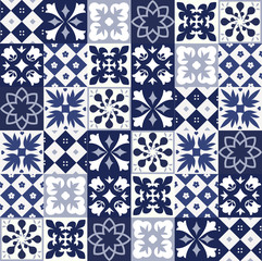Blue Portuguese tiles pattern - Azulejos vector, fashion interior design tiles