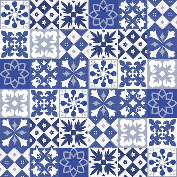 Blue Portuguese tiles pattern - Azulejos vector, fashion interior design tiles