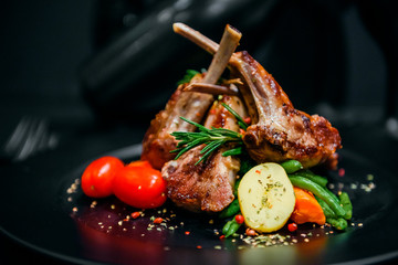 pork ribs with vegetables grill, rosemary, beans and spice