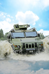 armored troop-carrier in water