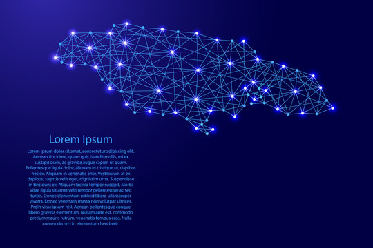 Map of Jamaica from polygonal blue lines and glowing stars vector illustration