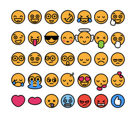Set of 35 funny emoticons with black stroke, emoji flat design.