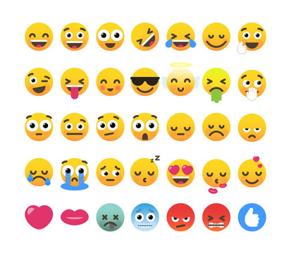 Set Of 35 Funny Emoticons, Emoji Flat Design.