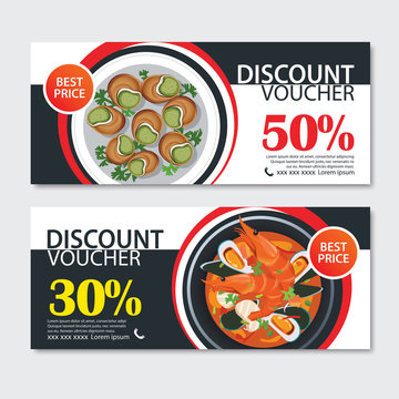 Discount voucher french food template design. Set of escargot, bouillabaisse