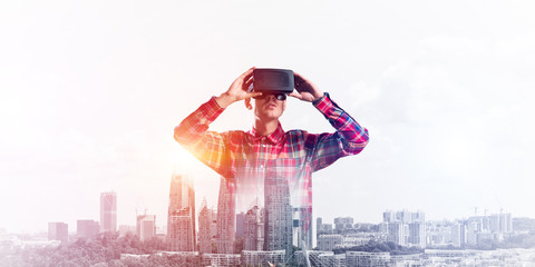Guy wearing checked shirt and virtual mask demonstrating some emotions
