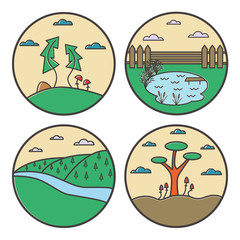 Landscape round design concept. Flat line nature view collection. World Environment Day.