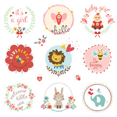 Kids elements, labels, frames, floral wreaths, baby girl, flowers, hearts, cartoon elephant, lion cub, cute rabbit, bee, bird, toys,  and typographic design. 