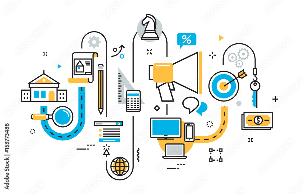 Poster flat line illustration concept of graph, plan, scheme, echanism,structure, algorithm, step of rent s