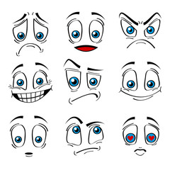 Comic Style Faces Emotions Expression Set. Vector
