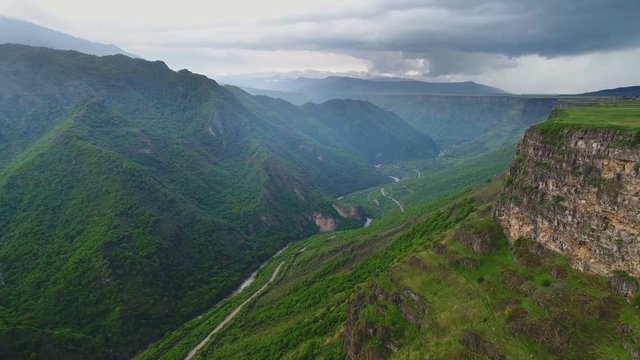 Aerial drone shot over the beautiful green canyon and plateau in Armenia. 4K, UHD