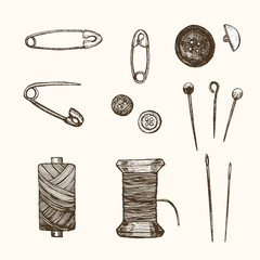 Sewing Set Hand Draw Sketch. Vector