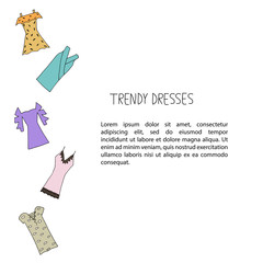 Hand drawn trendy dresses design concept. Fashion dresses with strip, bandage, polka dot, cold shoulder, embroidery, lace.