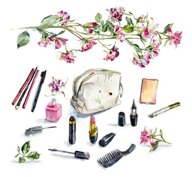 Sets of cosmetics with roses. Watercolor sketch