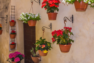 Fototapeta na wymiar Entrata di una casa decorata con vasi di fiori appesi al muro