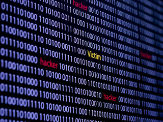 Computer screen shot with binary code and hacker text, great concept for technology computer and online security,Protect victim