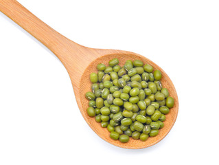 top view of mung bean in wooden spoon isolated on white background