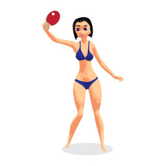Young woman in bikini with racket for table tennis. A girl in a 