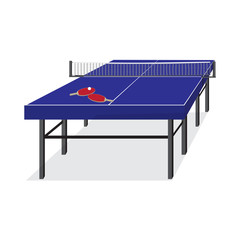Blue table for tennis and rackets. Equipment for ping-pong