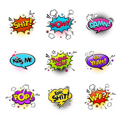 Comic speech bubbles and splashes set with different emotions and text Wow,Shit, Oh Yeah, Damn, Kiss me, Thank you, Epic Shit, Pop, Wtf. Vector bright dynamic cartoon illustrations on white background