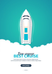 Summer travel banner. Sea travel. Summer time. Hello Summer. Cruise to paradise. Beach, sea and ship.