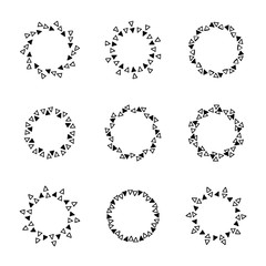 Set of hand drawn circle frames. Doodle round patterns with triangles. Collection of vector black objects isolated on white background.
