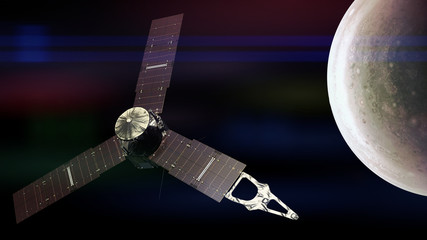 Fototapeta premium Juno spacecraft in front of the planet Jupiter's south pole