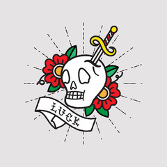 Skull and Dagger with Flower, Old School Style
