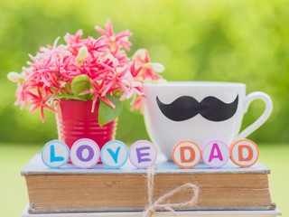 Father's day concept. LOVE DAD alphabet on stack of books, gifts, tea cup with black Mustache and flower on background