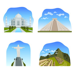 Famous wonders of the world: Taj Mahal, Chichen Itza, Christ the redeemer and Machu Picchu.