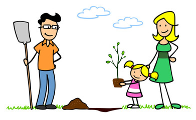 Familie im Garten beim Baum pflanzen
