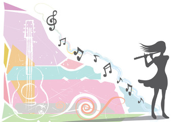 Musician playing a flute. Drawing of a woman playing a flute with music notes abstract background. Silhouette vector style.  © eakgaraj