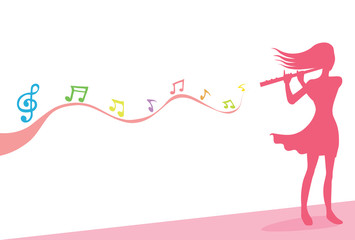Musician playing a flute. Drawing of a woman playing a flute with music notes background. Silhouette vector style.