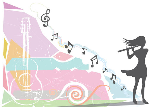 Musician playing a flute. Drawing of a woman playing a flute with music notes abstract background. Silhouette vector style. 
