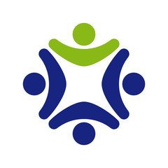 Icono plano equipo personas azul y verde en fondo blanco