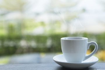 cup of espresso with blur in nature background.