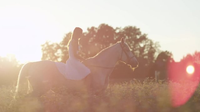 AERIAL, SLOW MOTION, CLOSE UP: Silhouette of a young girl in white dress bareback riding stunning horse through blossoming field. Gorgeous woman with long hair horseback riding mare on sunny evening