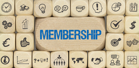 Membership / Würfel mit Symbole - obrazy, fototapety, plakaty